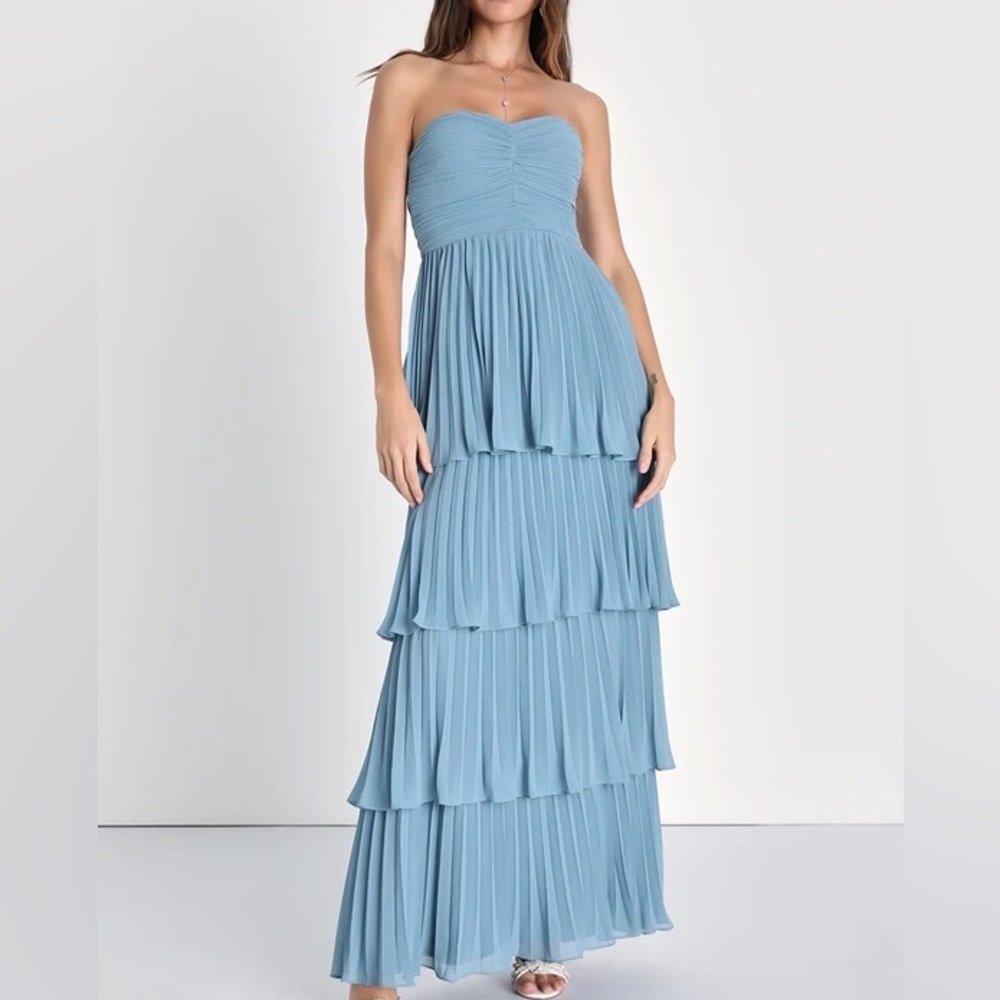 Lulus Seriously Sensational Light Blue Strapless Tiered Maxi Dress small